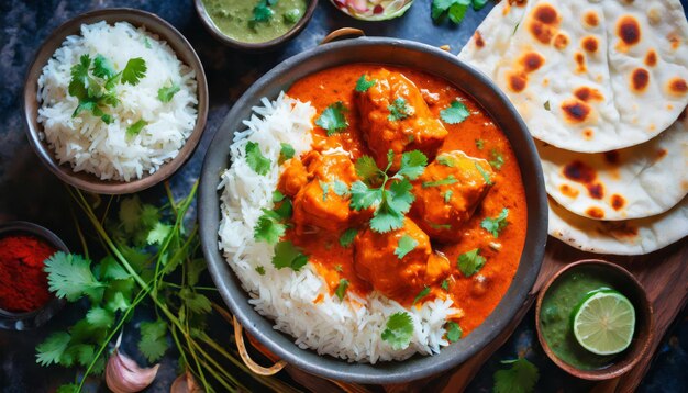 Delicious poulet tikka masala servi dans un bol avec du riz accompagné de pain naan