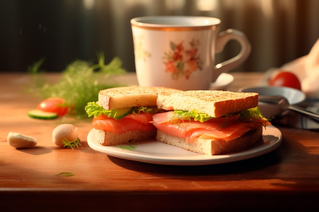 Delicious sandwich avec saumon Delicious collation maison petit déjeuner rapide avec du poisson AI généré