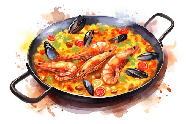 Delicious Seafood Paella Un plat traditionnel espagnol de riz cuit gourmet poisson frais crevettes moules calmars et légumes préparés dans une casserole jaune infusée de safran