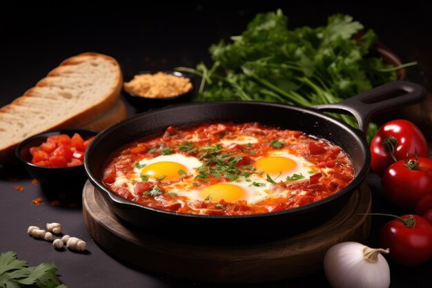 Delicious shakshuka dans la poêle à frire et des produits sur une table en bois