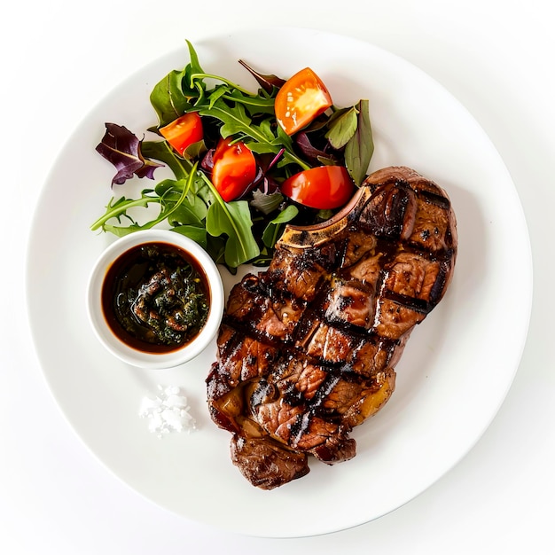 Delicious Steak Set Meal sur une assiette élégante capturée d'en haut avec un angle de 45 degrés créé avec la technologie d'IA générative