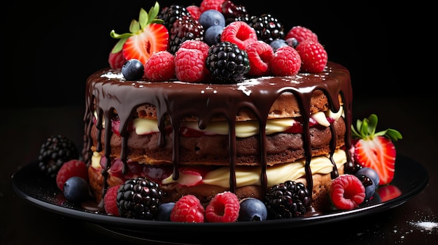 Delicious sucré beau gâteau d'éponge au chocolat dessert avec des baies fraises