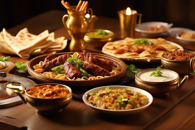 Delicius food table de dîner arabe ou méditerranéenne du Moyen-Orient
