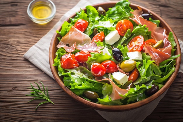 Delight méditerranéen Salade saine avec laitue olives tomates et prosciutto