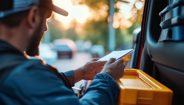 Photo delivery man checking list in van