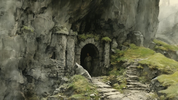 Photo dell par alan lee une peinture sombre et muette conduisant à une grotte mystique