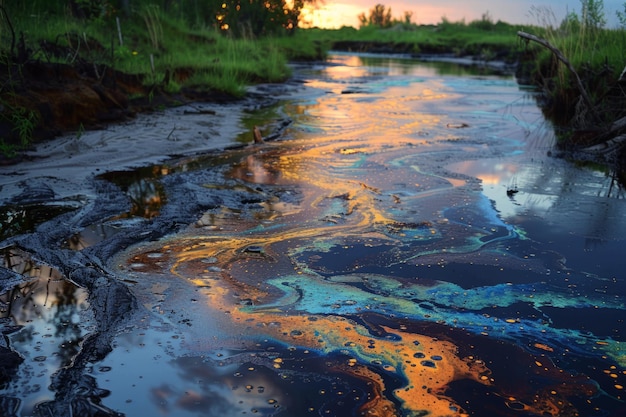 Photo un delta de fleuve pollué avec des taches de pétrole et des écoulements chimiques