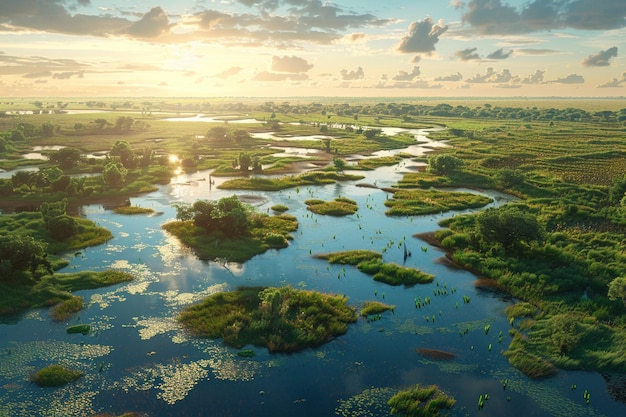 Un delta de rivière tranquille regorgeant d'animaux sauvages