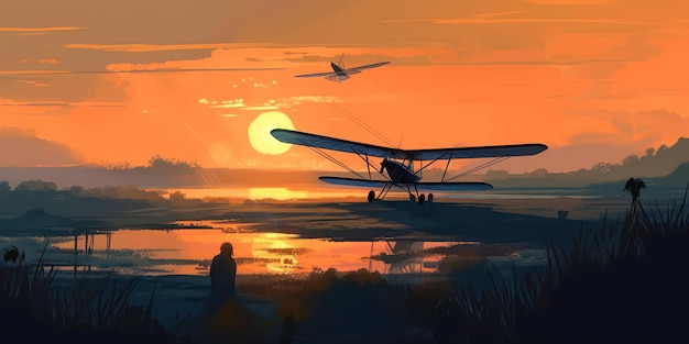 Deltaplane volant vers le coucher du soleil au coucher du soleil