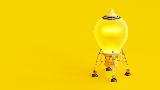 Démarrage et concept minimal. Fusée qui ressemble à une ampoule de couleur jaune avec un tracé de détourage et un espace de copie pour votre texte, rendu 3D.