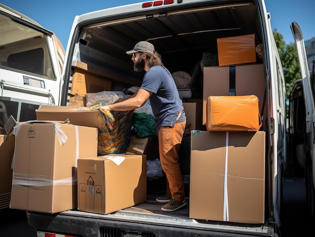 Photo déménageurs multiraciaux déchargeant des cartons d'un camion de livraison déménagement dans une autre ville