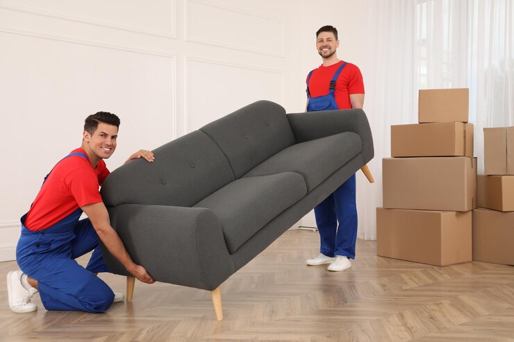 Photo déménageurs professionnels transportant un canapé dans une nouvelle maison