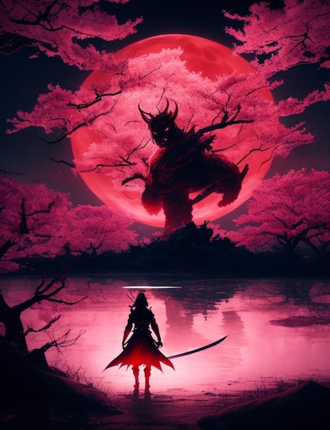 Un démon entouré d'une aura rouge, il marche sur un lac au clair de lune avec un arbre Sakura derrière lui.