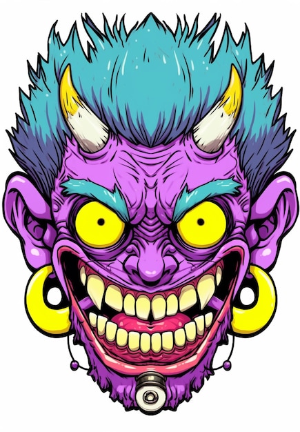 un démon violet de dessin animé avec des cheveux bleus et des yeux jaunes ai générative