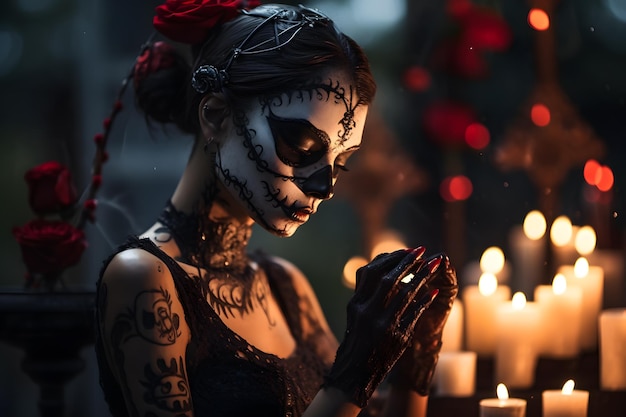Démone maléfique crâne de sucre avec des lèvres fermées cousues adorant à un cimetière des crânes d'autel