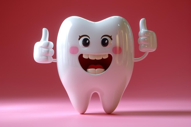 Une dent animée drôle montre un geste de classe sur un fond rose animation 3D