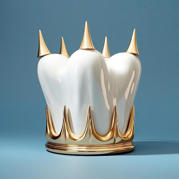 Photo dent blanche avec petite couronne dorée fond blanc