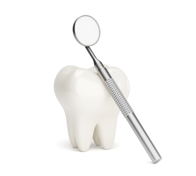 Une dent et un miroir dentaire isolés sur un rendu 3D blanc