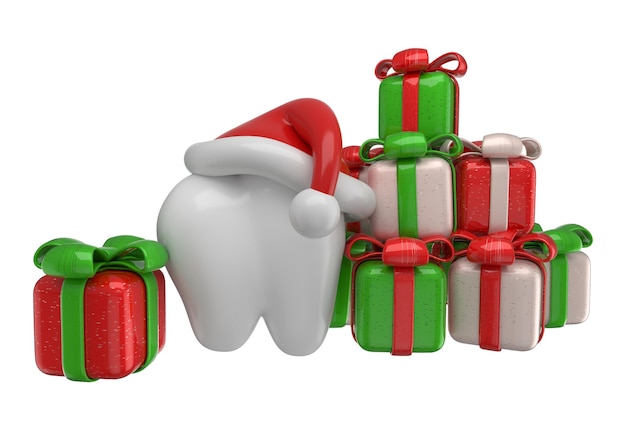 Photo dent saine rendu 3d avec de nombreux cadeaux de noël sur fond blanc. concept de noël de dentiste.