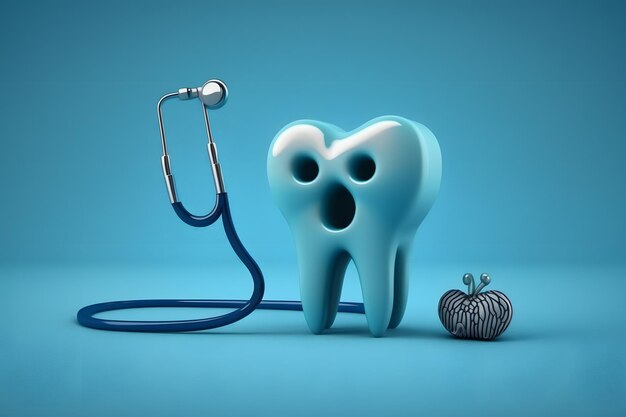 Une dent avec un stéthoscope à côté et une pomme sur fond bleu.