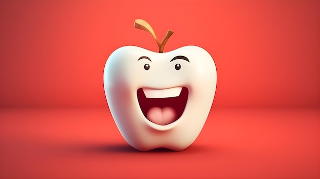 Dente 3d en forme de pomme sur fond rouge