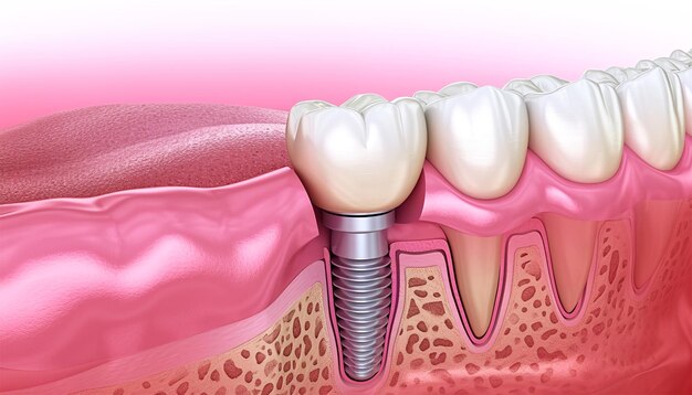 Photo dente blanche en gros plan et gomme avec implant dentaire dentes humaines pour le concept médical illustration 3d