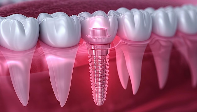 Photo dente blanche en gros plan et gomme avec implant dentaire dentes humaines pour le concept médical illustration 3d