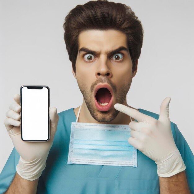 Un dentiste choqué tenant un smartphone avec un écran de maquette blanc sur fond blanc