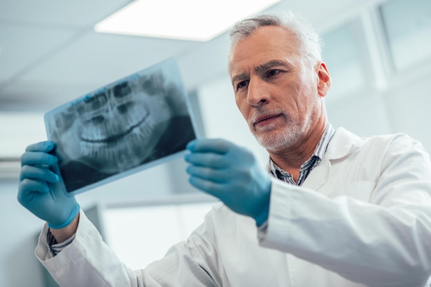 Photo dentiste confiant tenant un orthopantomogramme et le regardant