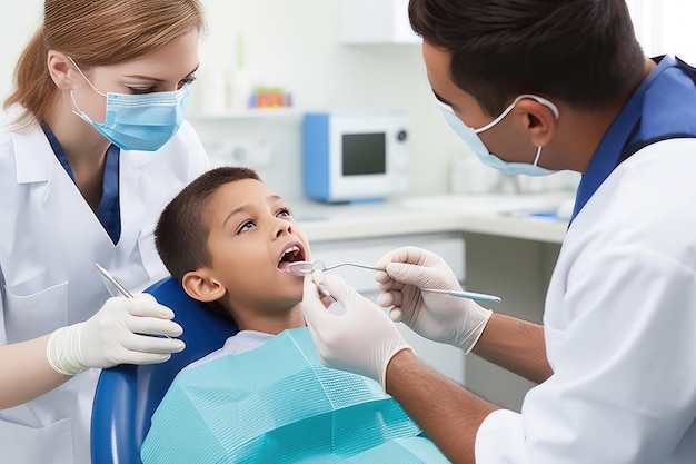 un dentiste examinant les dents d'un petit garçon dans une clinique dentaire moderne