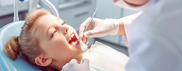 Une dentiste examine les dents d'un enfant dans un cabinet dentaire IA générative