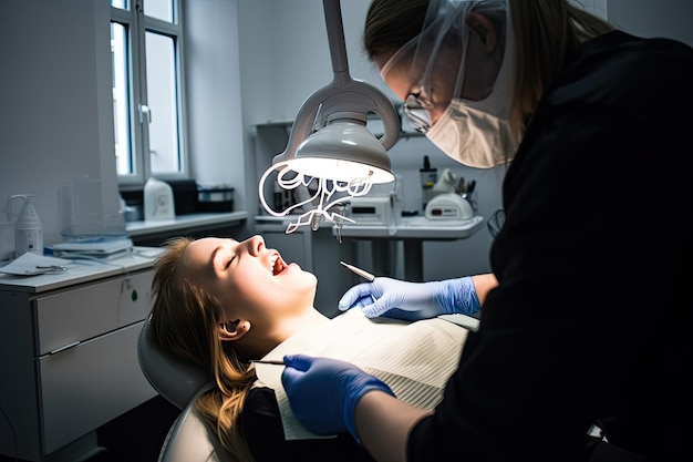 Le dentiste examine le patient sur une chaise Équipement dentaire en arrière-plan IA générative