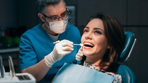 Dentiste faisant le nettoyage professionnel des dents avec le coton jeune patiente féminine à la salle dentaire