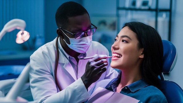 Photo un dentiste heureux vérifie les dents des patients avec un équipement de lumière uv dentaire dans la clinique.