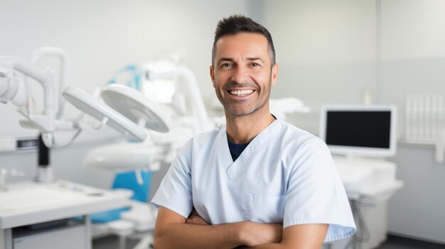 Un dentiste joyeux portant un manteau de laboratoire se tient dans une clinique dentaire avec une chaise dentaire et de l'équipement en arrière-plan