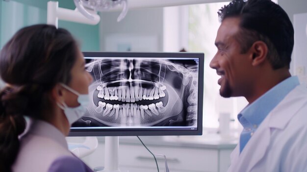 Photo un dentiste leur montre une radiographie des dents d'un patient, leur indique les domaines de préoccupation et discute des options de traitement.