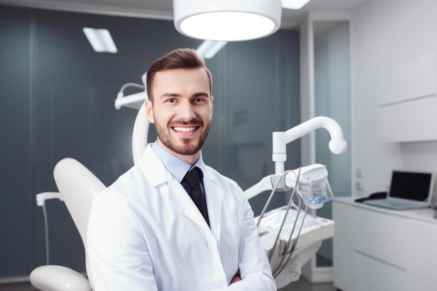 Dentiste masculin confiant dans un manteau blanc avec des outils dentaires à la main debout devant un cabinet dentaire
