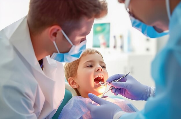 Un dentiste masculin examine les dents d'un enfant dans un cabinet dentaire IA générative