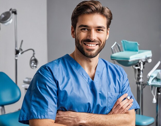Photo un dentiste masculin souriant debout devant une chaise dentaire