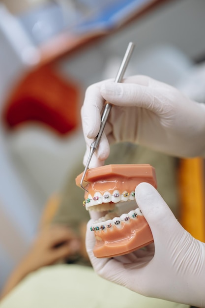 Dentiste montrant des accolades sur une mâchoire artificielle