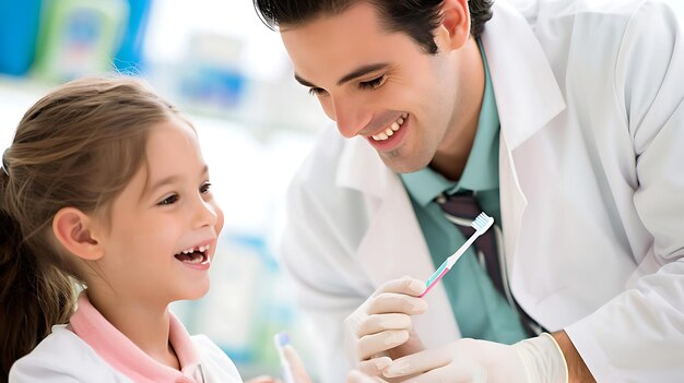 Le dentiste montre à la petite fille la bonne technique de brossage.