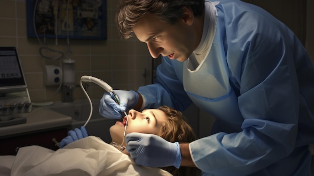 Le dentiste nettoie la bouche d'un enfant.