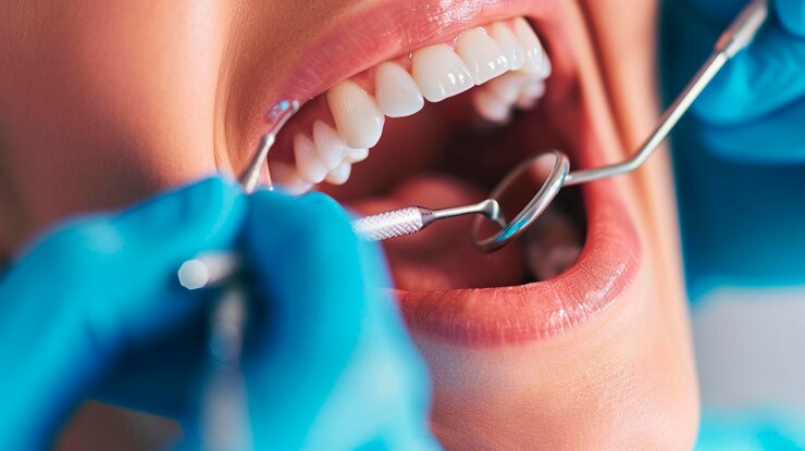Photo le dentiste regarde les dents du patient focus sélectif