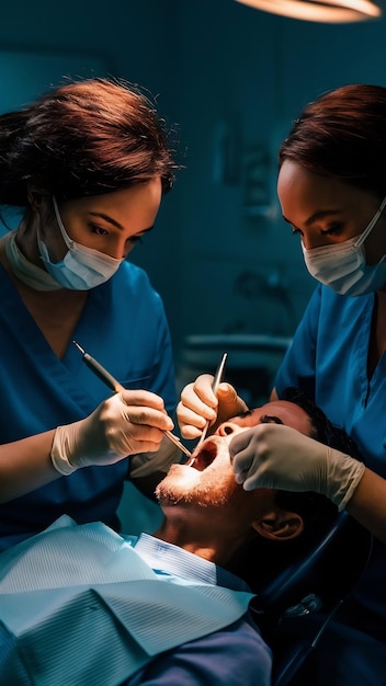 Le dentiste et son assistant avec un outil font des manipulations dans la bouche du patient