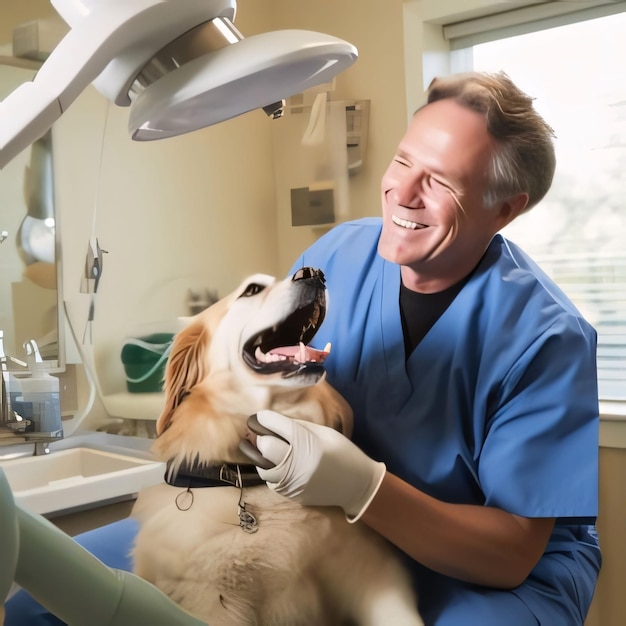 Photo le dentiste et son chien dans un cabinet dentaire traitement dentaire