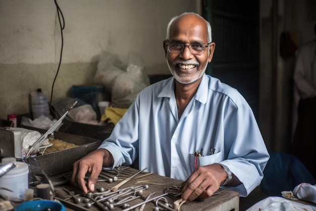 Dentiste souriant avec des outils dentaires un homme en Inde pour la sécurité des soins de santé créé avec l'IA générative