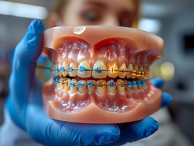 un dentiste tenant un modèle d'une mâchoire avec des appareils orthopédiques de couleurs vives