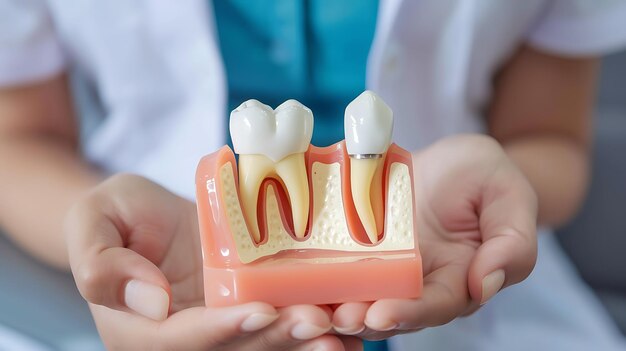 Un dentiste tient un modèle d'implant dentaire. L'implant est fait d'une vis métallique et d'une couronne en céramique.