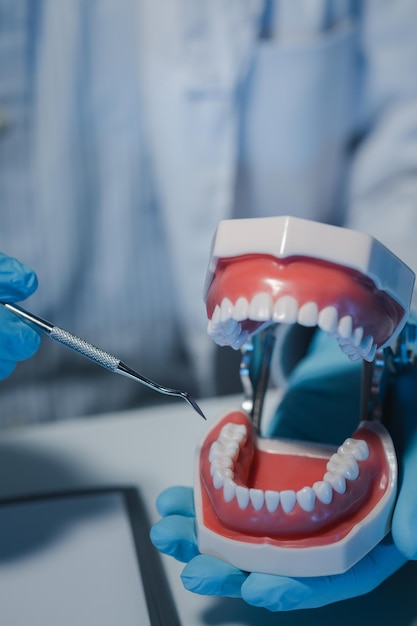 Photo un dentiste utilise un équipement dentaire spécialisé pour inspecter les prothèses dentaires pour étudier l'anatomie des dents avant d'utiliser les connaissances pour traiter les patients.