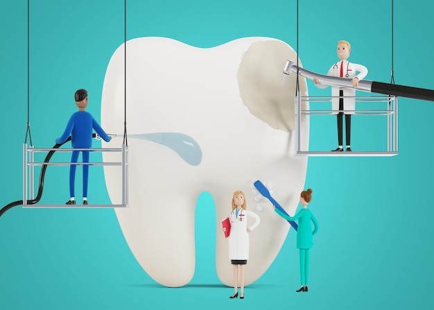 Les dentistes nettoient, traitent une dent malade et douloureuse. Les médecins nettoient, forent la plaque dentaire et les caries dentaires. Concept de travail de dentisterie. Illustration 3D en style cartoon.